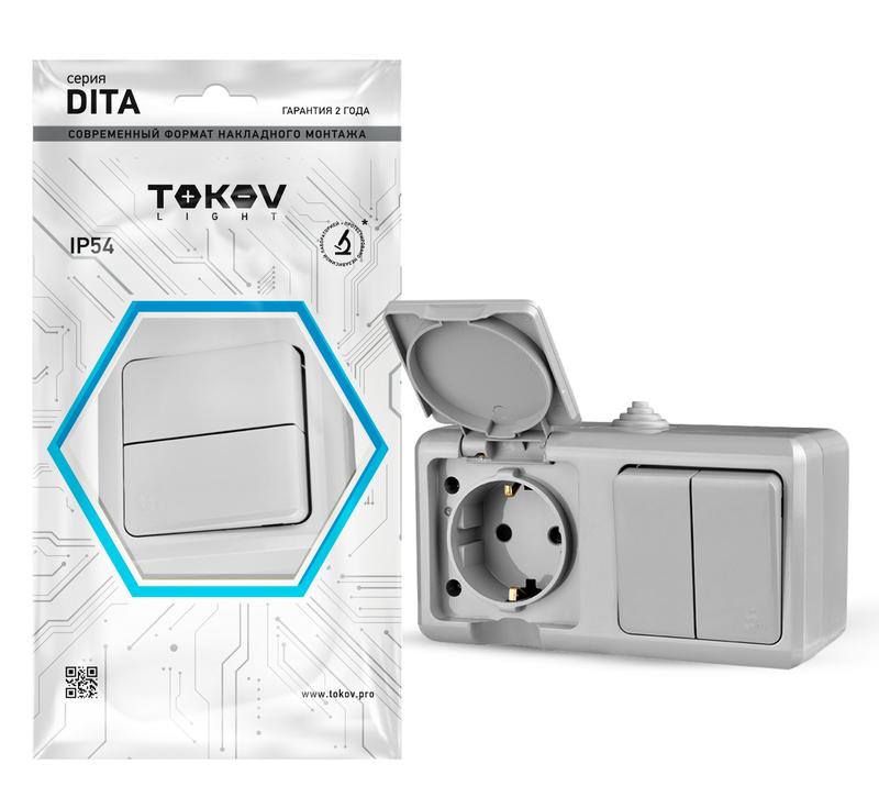 Блок ОП Dita (розетка 16А 250В с заземл. 2-кл. выкл. 10А) IP54 сер. TOKOV ELECTRIC TKL-DT-V2RZ-C06-IP54