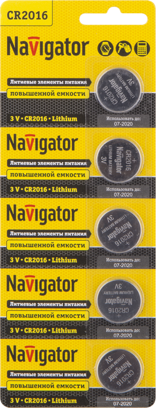 Элемент питания литиевый CR2016 94 763 NBT-CR2016-BP5 (блист.5шт) Navigator 94763